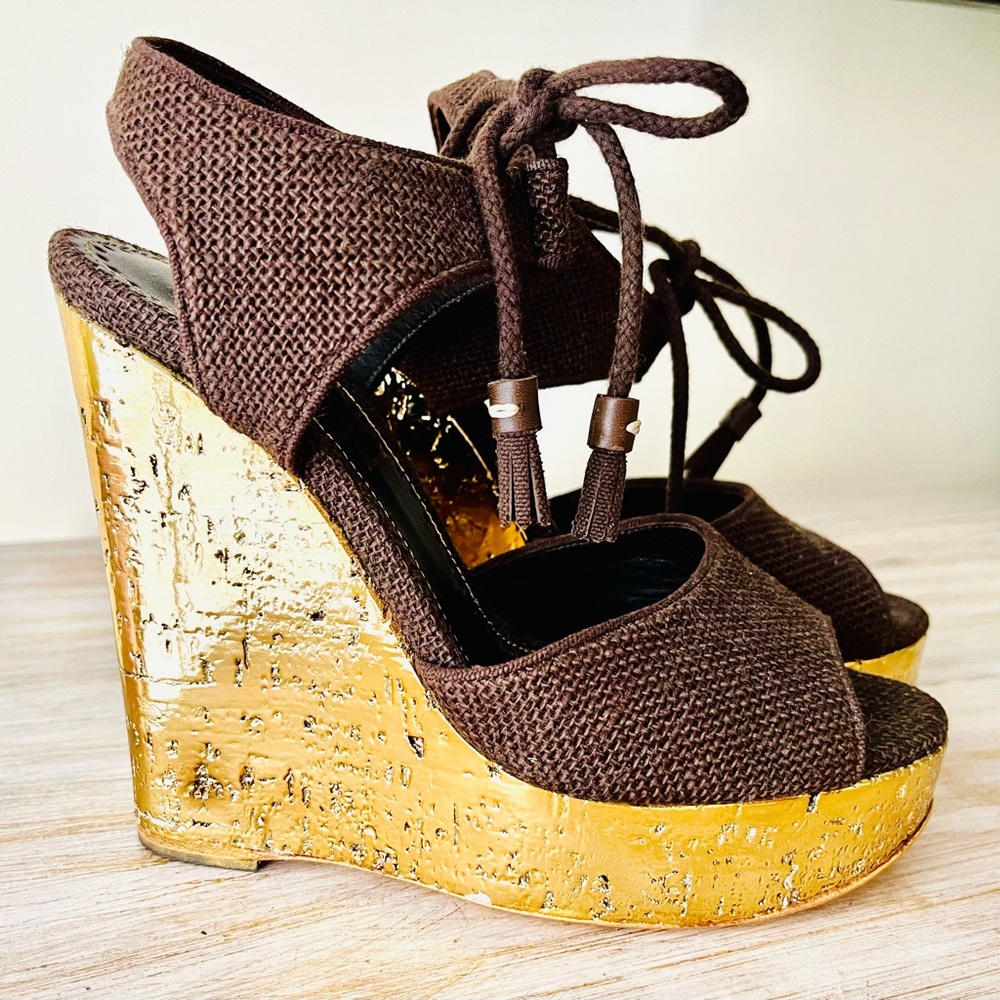 Yves Saint Laurent Gold Canvas Wedge -38 (7.5)